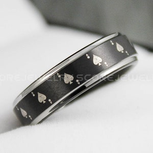 Ace of Spades Ring, Poker Ring, Poker Jewelry, 6mm Black Tungsten Band with Step Edge Ace of Spades Card Suit Pattern. Black Wedding Ring