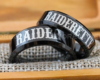 Raider Raiderette Rings, 2 Piece Couple Set Black Tungsten Rings with Beveled Edge, Raider Raiderette Nickname Rings, Black Wedding Rings