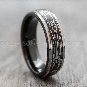 Platinen Ring, Gamer Ring, 6mm Schwarz Wolfram Band mit Silber Stufe Platine Muster, 6mm Schwarz Wolfram Ehering