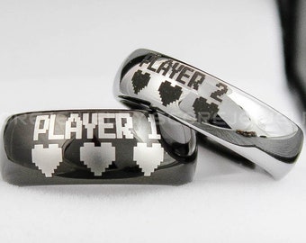 8 Bit Heart Rings, Gamer Rings, 2 Piece Couple Set Tungsten Bands with Domed Edge Player 1 Player 2 Gamer Rings, Gamer Rings