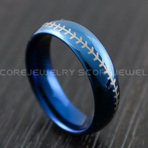Baseball Ring, Baseball Wedding Ring, Blue Wedding Ring, 6mm Blue Tungsten Band Domed Edge Baseball Stitch Pattern, 8mm or 6mm Tungsten Ring