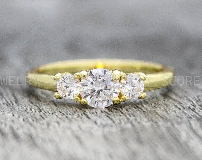 Yellow Gold Ring, White Diamond CZ Ring, Gold Wedding Ring Sterling Silver Three Stone Engagement Ring, Engagement Ring, Silver Wedding Ring