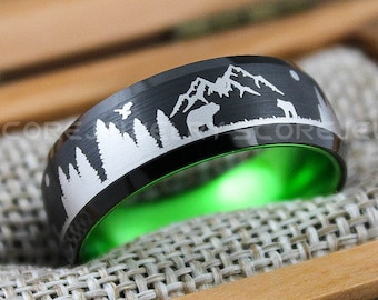 Forest Ring, Mountain Range Ring, Boreal Forest Ring, 8mm Black Tungsten Ring Fir Trees Ring, Outdoors Landscape Ring, Tungsten Wedding Ring