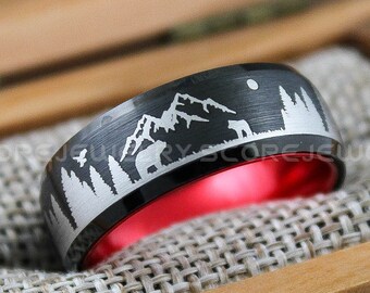 Forest Ring, Mountain Range Ring, Boreal Forest Ring, 8mm Black Tungsten Ring Fir Trees Ring, Outdoors Landscape Ring, Tungsten Wedding Ring