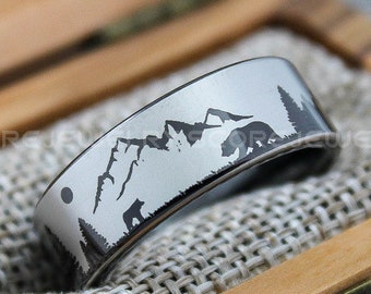 Forest Ring, Mountain Range Ring, Boreal Forest Ring, 8mm Black Tungsten Ring Fir Trees Ring, Outdoors Landscape Ring, Tungsten Wedding Ring