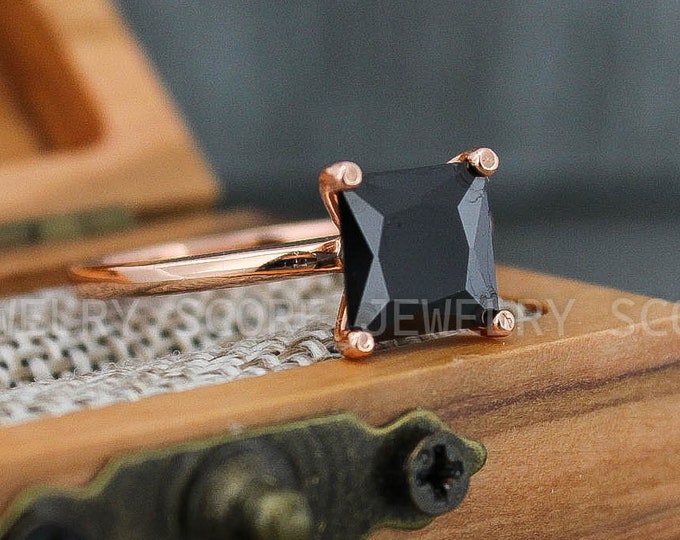 Black Diamond Ring, Rose Gold Wedding Ring, 925 Sterling Silver Engagement Ring, Solitaire Wedding Ring Princess Cut Simulated Black CZ