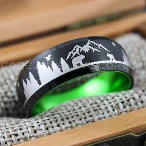 Forest Ring, Mountain Range Ring, Boreal Forest Ring, 8mm Black Tungsten Ring Fir Trees Ring, Outdoors Landscape Ring, Tungsten Wedding Ring