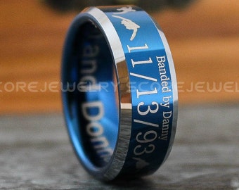 Duck Band Ring, 8mm Blue Tungsten Band with Silver Beveled Edge, Banded Ring, CUSTOMIZED with Your Names and Special Dates Laser Engraved