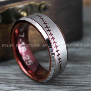 Baseball Ring, Baseball Jewelry, Baseball Wedding Ring, 8mm Deep Velvet Red Tungsten Band with Beveled Edge and Baseball Stitch Pattern