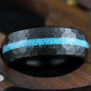Turquoise Ring, Black Wedding Ring, 8mm Black Tungsten Band Hammered Finish and Turquoise Inlay, 8mm Turquoise Black Tungsten Wedding Ring