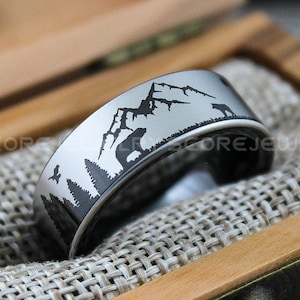 Forest Ring, Mountain Range Ring, Boreal Forest Ring, 8mm Black Tungsten Ring Fir Trees Ring, Outdoors Landscape Ring, Tungsten Wedding Ring