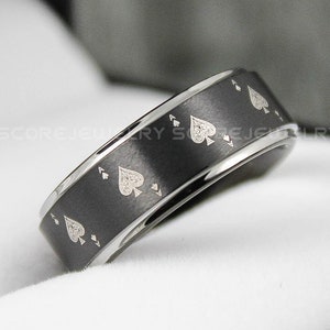 Ace of Spades Ring, Poker Ring, Poker Jewelry, 8mm Black Tungsten Band with Step Edge Ace of Spades Card Suit Pattern. Black Wedding Ring