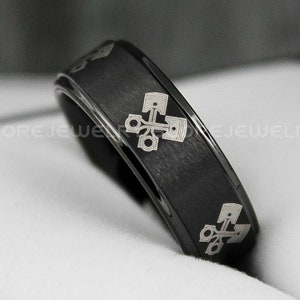 Mechanic Ring, Piston Ring, Pistons Ring, Engine Ring, 8mm Black Tungsten Band Step Edge Engine Pistons Design Ring, Black Tungsten Ring
