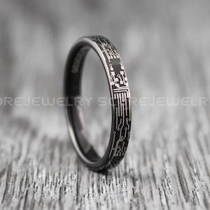 Circuit Board Ring, Engineer Ring, Science Ring, Physics Ring, Teacher Ring, Black Tungsten Band Circuit Board Pattern Ring 4mm Wedding Ring