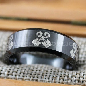 Mechanic Ring, Piston Ring, Pistons Ring, Engine Ring, 8mm Black Tungsten Band Beveled Edge Engine Pistons Design Ring, Black Tungsten Ring