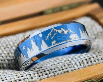 Forest Ring, Mountain Range Ring, Boreal Forest Ring, 8mm Black Tungsten Ring Fir Trees Ring, Outdoors Landscape Ring, Tungsten Wedding Ring
