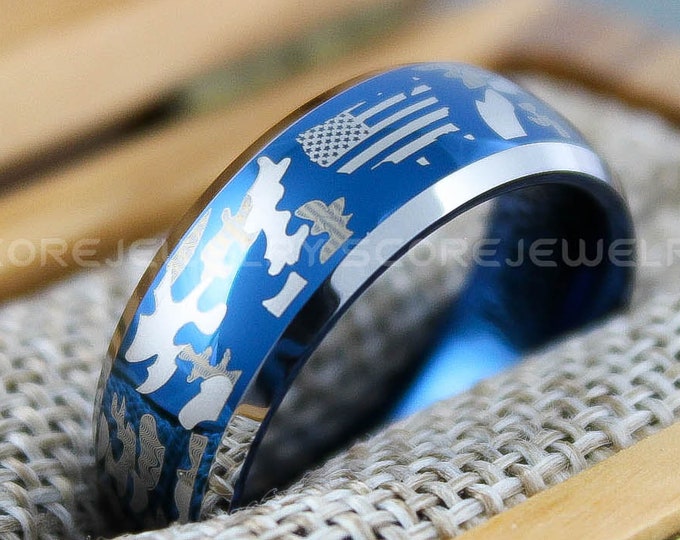 Camo Ring, American Flag Ring, Blue Tungsten Band with Domed Edge Camouflage with American Flag Pattern Ring, Camo Tungsten Wedding Ring