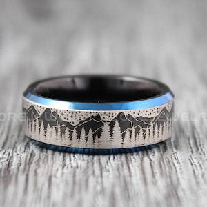 Bague forêt, bague chaîne de montagnes, bague forêt boréale, bague en tungstène noir 8 mm, bague sapin, bague paysage en plein air, alliance en tungstène