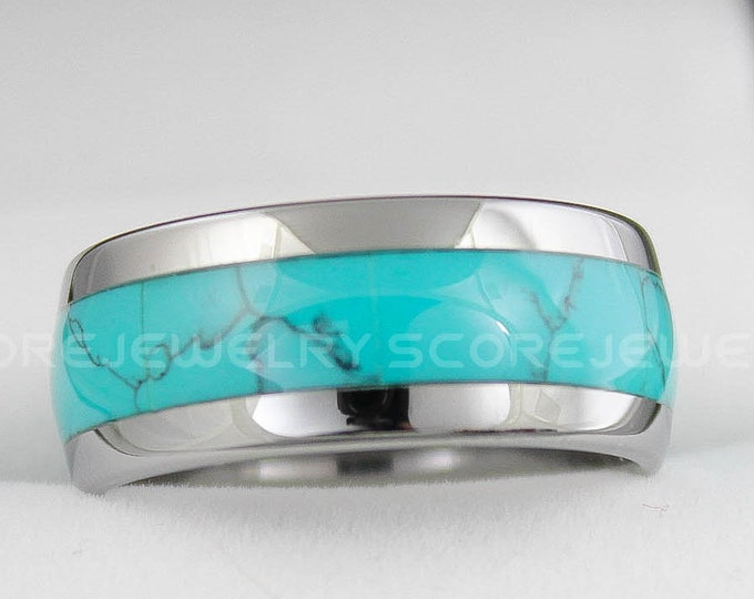 Turquoise Ring, Turquoise Wedding Band, 10mm Silver Tungsten Band with Domed Edge and Turquoise Inlay, 10mm Turquoise Tungsten Wedding Ring