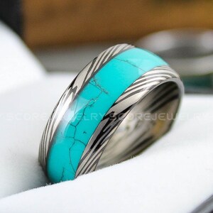 Turquoise Ring, Turquoise Wedding Ring, 10mm Black Tungsten Band Domed Edge Turquoise Inlay and Damascus Steel Pattern Laser Engraved