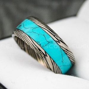 Turquoise Ring, Turquoise Wedding Ring, 10mm Black Tungsten Band Beveled Edge Turquoise Inlay and Damascus Steel Pattern Laser Engraved
