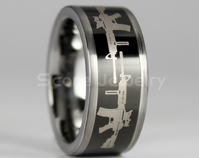 12mm Tungsten Band with Flat Edge Machine Gun Ring, Rifle Ring, Army Ring, Military Ring, Armed Forces Band- 12mm Tungsten Ring