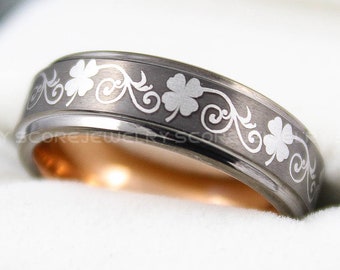 Irish Ring, Clover Ring, Shamrock Ring, Irish Jewelry 6mm Gunmetal Tungsten Band Step Edge Celtic Ring, St. Patrick's Day Gift, Ireland Ring