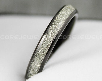 Meteorit Ring, Meteor Ring, 4 mm Schwarzer Wolfram Ehering, Schwarzer Wolfram Ring mit Meteorit Inlay