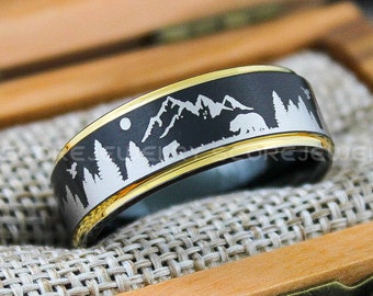 Forest Ring, Mountain Range Ring, Boreal Forest Ring, 8mm Black Tungsten Ring Fir Trees Ring, Outdoors Landscape Ring, Tungsten Wedding Ring