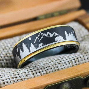 Forest Ring, Mountain Range Ring, Boreal Forest Ring, 8mm Black Tungsten Ring Fir Trees Ring, Outdoors Landscape Ring, Tungsten Wedding Ring