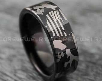 American Flag Ring, Camo Ring, 8mm Black Tungsten Band, Camouflage Ring, American Flag Jewelry, Camo Wedding Band, Army Ring, Military Ring