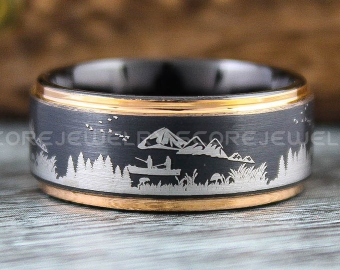 Fishing Wedding Ring, 10mm Black Tungsten Band with Step Edge, Hunting Ring, Fishing Ring, Fishing Scene Black Tungsten Wedding Ring