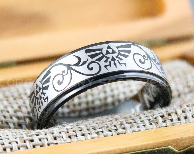 Zelda Ring, Gamer Ring, Black Tungsten Band with Step Edge Zelda Triforce Inspired Pattern Ring - 8mm Black Tungsten Wedding Ring