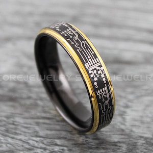 Platinenring, Gamer Ring, 6 mm schwarzes Wolframband mit Gelbgold-Platinenmuster, 6 mm schwarzer Wolframring