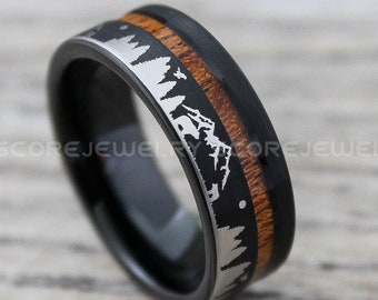 Forest Ring, Mountain Range Ring, Boreal Forest Ring, 8mm Black Tungsten Ring Fir Trees Ring, Outdoors Landscape Ring, Tungsten Wedding Ring