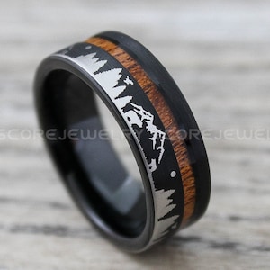 Forest Ring, Mountain Range Ring, Boreal Forest Ring, 8mm Black Tungsten Ring Fir Trees Ring, Outdoors Landscape Ring, Tungsten Wedding Ring