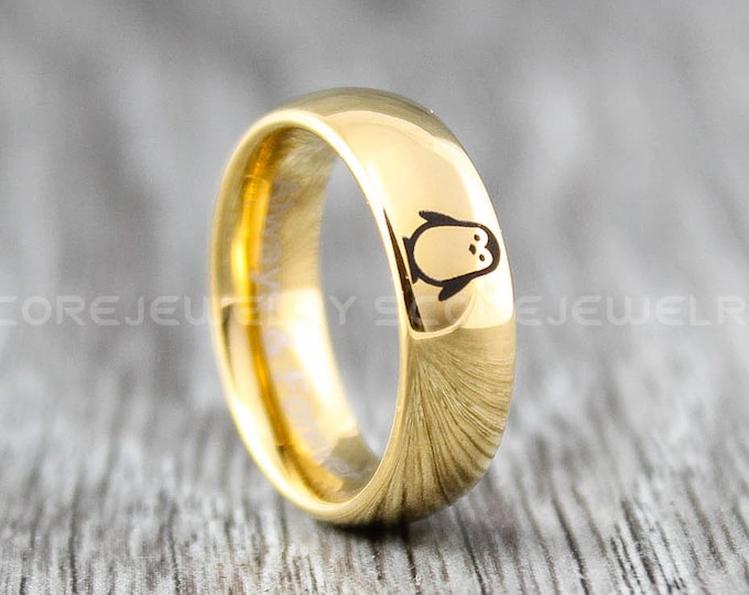 Penguin Ring, Penguin Jewelry, 6mm 14K Yellow Gold Tungsten Band with Domed Edge Penguin Laser Engraved, Tungsten Wedding Ring, Penguin Ring