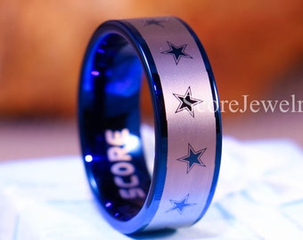 Five Point Star Ring, Star Ring, Blue Tungsten Band with Flat Edge Stars Logo All Around Ring- 8mm Tungsten Ring