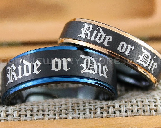Ride or Die Rings, Ride or Die Wedding Rings, 2 Piece Couple Set Black Tungsten Bands with Step Edge, Ride Or Die Wedding Rings, Ride Or Die