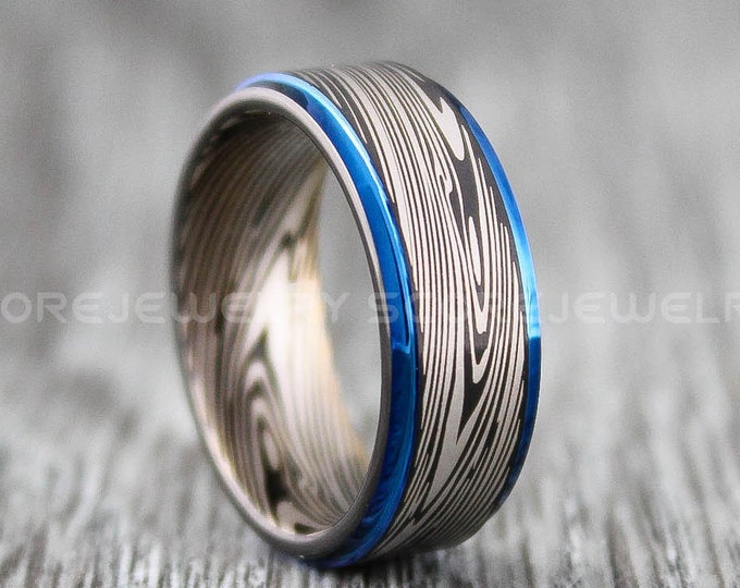 Damascus Steel Ring, Damascus Steel Wedding Ring, 8mm Black Tungsten Band with Damascus Steel Pattern Laser Engraved, Black Tungsten Ring