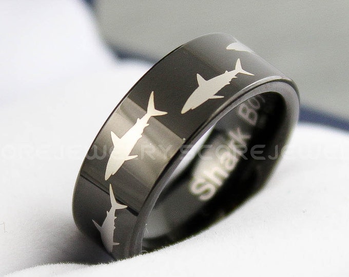 Shark Ring, Shark Jewelry, Fishing Ring, 8mm Tungsten Band with Flat Edge Shark, Hunting Ring, Fishing Ring, Tungsten Fishing Ring