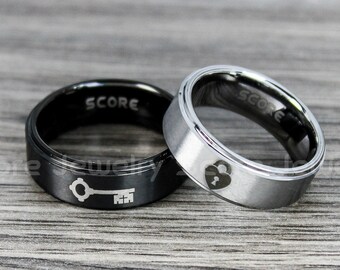 Lock and Key Rings, Lock and Key Wedding Rings, 2 Piece Couple Set Tungsten Bands with Step Edge, Heart Lock and Key Rings, Lock Key Jewelry