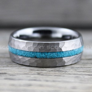 Turquoise Ring, Silver Wedding Ring, 8mm Silver Tungsten Band Hammered Finish and Turquoise Inlay 8mm Turquoise Silver Tungsten Wedding Ring