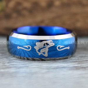 Visring, vishakenring, 8 mm blauwe wolfraamband met koepelvormige rand, jachtring, visring, vishakenring, blauwe trouwring
