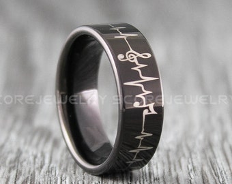 Music, Ring, Music Notes Ring, 8mm Black Tungsten Band with Flat Edge Heartbeat Music Notes Laser Engraved Ring 8mm Tungsten Wedding Band