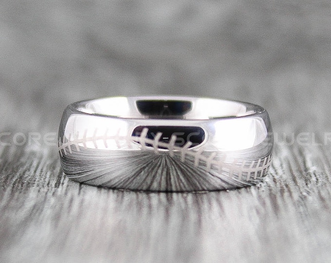 Classic 8mm Silver Tungsten Band with Domed Edge and Baseball Stitch Pattern FREE SHIPPING FREE Custom Engraving - Tungsten Baseball Ring