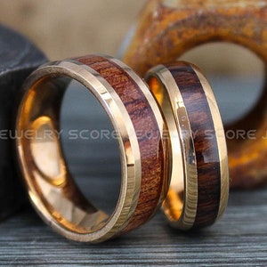 Wood Rings, Wood Wedding Rings, 2 Piece Couple Set Rose Gold Tungsten Bands with Genuine Redwood Inlay, Rose Gold Tungsten Wedding Rings