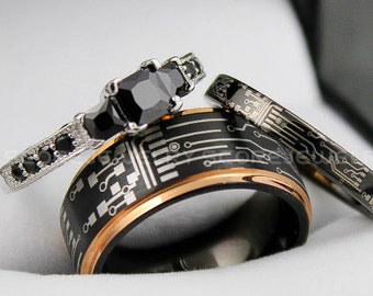 Circuit Board Rings, Gamer Rings, 3 Piece Couple Set Black Tungsten Wedding Bands Rose Gold Step Edge, Circuit Board Tungsten Wedding Rings
