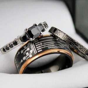 Platinen Ringe, Gamer Ringe, 3 Stück Paar Set Schwarz Wolfram Eheringe Rosegold Stufe Kante, Platine Wolfram Eheringe