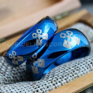 Mechanic Rings, Pistons Rings, Mechanic Rings, Engine Rings, 2 Piece Couple Set Blue Tungsten Bands, Engine Pistons Ring, Blue Tungsten Ring
